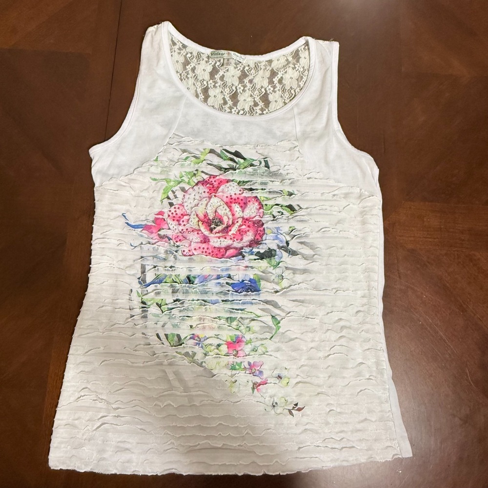 Vintage Suzie Womens S Y2K Floral Lace Tank Top Shabby Chic Cottagecore USA